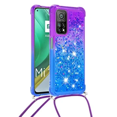 Abbildung von Handykette Handyhülle für Xiaomi Mi 10T/Mi 10T Pro 5G, Hülle Quicksand Gradient Glitzer mit Kette Band, Flüssig Bewegende Treibsand TPU Silikon Cover, Handykordel Case Kordel Umhängenband