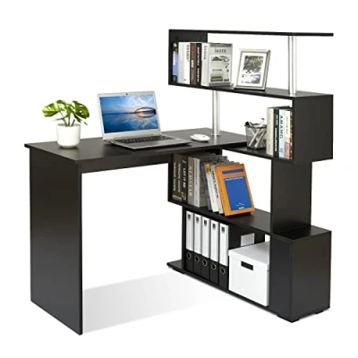 Abbildung von Meerveil Computertisch L Förmig, Eckschreibtisch, mit 360 Grad Drehbarem Bücherregal für Arbeitszimmer Wohnzimmer Büro 157 x 45 130,5 cm, Schwarz