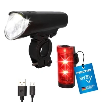 Abbildung von FISCHER Fahrrad LED Akku Beleuchtungs Set small box, spritzwassergeschützt, wiederaufladbar, einfache Montage, schwarz, 1 Stück