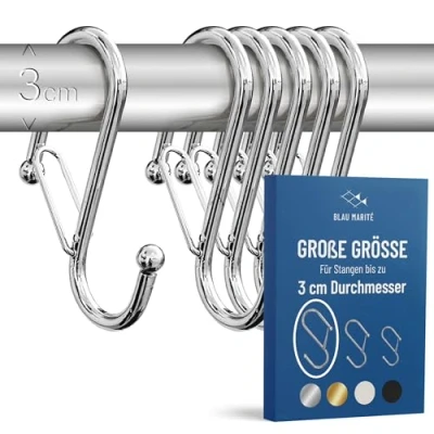 Abbildung von Blau Marité 6 Stück robuste S Haken aus Metall, rutschfeste mit Sicherheitsverschluss. Für Stangen bis zu 3 cm Durchmesser. Schränke, Bad, Küche und Garten. (GR, Silber)