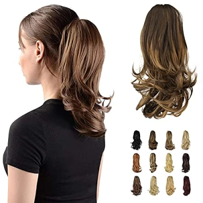 Abbildung von Sofeiyan 33cm Pferdeschwanzverlängerung Langer lockiger Pferdeschwanz Clip in Klaue Haarverlängerung Natürlich aussehendes synthetisches Haarteil für Frauen, Dunkelbraun/Golden Auburn