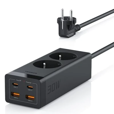Abbildung von TESSAN 30W USB C Steckdosenleiste, GaN Schnellladen Mehrfachstecker mit 2 Fach, Mehrfachsteckdose Verlängerungskabel 2M, Steckerleiste Überspannungsschutz 3600W für Büro
