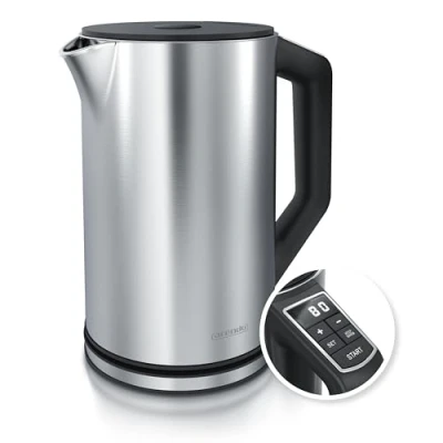 Abbildung von Arendo Edelstahl Wasserkocher mit Temperatureinstellung 40 100 Grad in 5er Schritten Doppelwand Design Modell ELEGANT 1,5 Liter 2200 W Teekocher Temperaturanzeige Silber glänzend