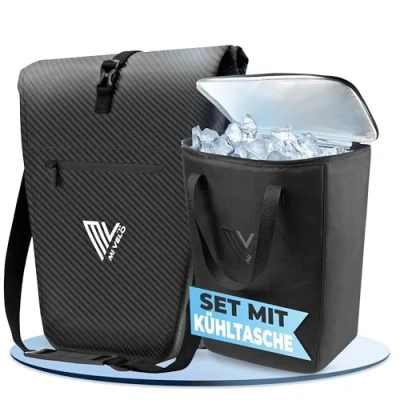 Abbildung von MIVELO 2in1 Fahrradtasche Gepäckträgertasche wasserdicht 100% PVC frei + Laptopfach Schultergurt Fahrrad Tasche für Gepäckträger (Carbon, Mit Kühltasche)
