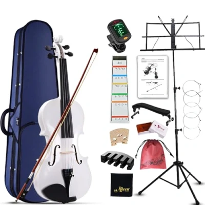 Abbildung von Aileen Geige 4/4 für Erwachsene Anfänger, Violine Set Kinder ab 12 Jahre, Teenager Weiße Einsteiger Kit Vollständig mit 13 Zubehör, Notenständer, Exklusive Neue Griffbrett Aufkleber