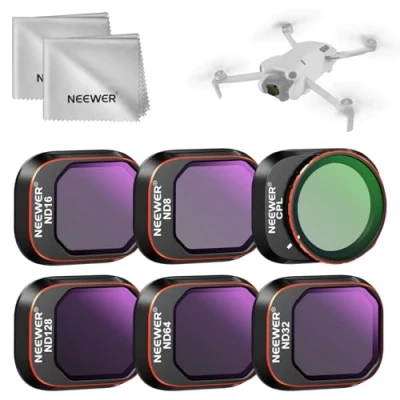 Abbildung von NEEWER ND Filter Set Kompatibel mit DJI Mini 4 Pro, 6 Pack Multicoated HD Optical Glass ND8 ND16 ND32 ND64 ND128 CPL Zirkular Polarizing Neutraldichte Drone Zubehör, 2X Reinigungstuch