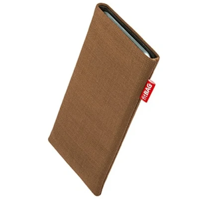 Abbildung von fitBAG Rave Braun Handytasche für Apple iPhone 15 Pro Max Tasche aus Textil Stoff mit Microfaserinnenfutter Hülle Reinigungsfunktion Made in Germany