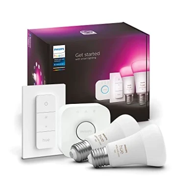 Abbildung von Philips Hue Startkit 2 x E27 + Steg &amp; Dimmer Weiß Farbe Ambiente, 929002468805