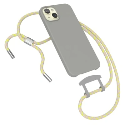 Abbildung von EAZY CASE Hülle mit Band kompatibel iPhone 15 Plus Handyhülle für Silikonhülle Mikrofaser stoßfester Fallschutz Handykette zum Umhängen 2in1 Schutzhülle Handykordel Grau Gelb