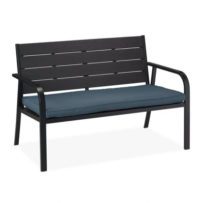 Abbildung von Relaxdays Gartenbank mit Sitzkissen, Holzoptik, HBT: 78 x 118 66 cm, 2 Sitzer, stabile Balkonbank, schwarz/anthrazit