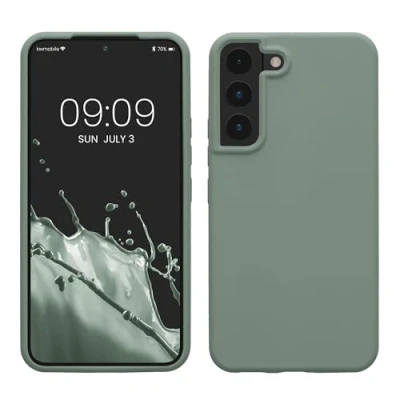 Abbildung von kwmobile Schutzhülle kompatibel mit Samsung S22 Hülle Silikon Case Handyhülle weiche Oberfläche kabelloses Laden Rainwashed Grün