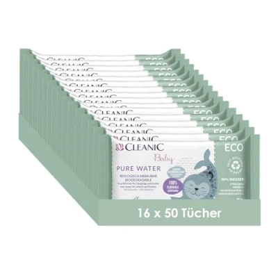 Abbildung von Cleanic Baby Eco Pure Water Feuchttücher für Kinder und Säuglinge 99% ige Zusammensetzung auf Wasserbasis Allantoin Parfümfrei Spülbar Empfindliche Haut 50x16 Stück