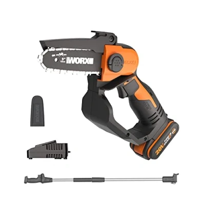 Abbildung von WORX Akku Mini Kettensäge 18V(MAX 20V) WG324E.1, PowerShare, 12 cm Führungsschiene, vibrationsarm, leicht und tragbar, Verlängerungsstange, 1 Ladegerät im Lieferumfang enthalten