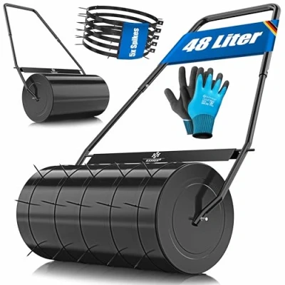 Abbildung von KESSER® Rasenwalze Metall befüllbar mit Wasser oder Sand 48 Liter Füllvolumen &amp; 60cm breit Gartenwalze inklusive 5X Spikes Handschuhe Handwalze Rasenroller Ackerwalze Walze in Schwarz