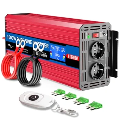 Abbildung von ETREPOW 1500w Wechselrichter 12v Auf 230v Reiner Sinus Spannungswandler mit 2 EU Steckdose und Einer 2,1A USB,Drahtlose Fernsteuerung,LCD Bildschirm Lüftern Spitzenleistung 3000w Kfz Konverter