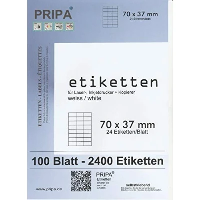 Abbildung von pripa Etiketten 70 x 37 mm, 100 Blatt DIN A4 Selbstklebende Etiketten. 24 pro Bogen 3 Spalten 8 Reihen 2400