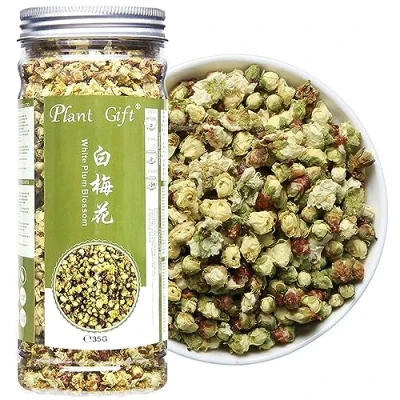 Abbildung von Plant Gift White Plum Blossom Tea Flower, 35G/1.23oz 白梅花 绿萼梅花 Weiße Pflaumenblüte Teeblume, getrocknete Pflaumen ， Pflaumenblume für Tee, Kräuter , Blumen DIY Handwerk