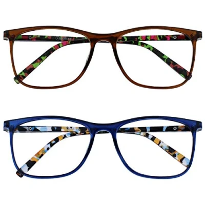 Abbildung von OPULIZE Arc Lesebrille 2er Pack Stilvolle Schlank Rechteckig Rahmen Gemusterte Bügel Federscharniere Kratzfest Braun Blau Herren Damen RR66 23 +3.00