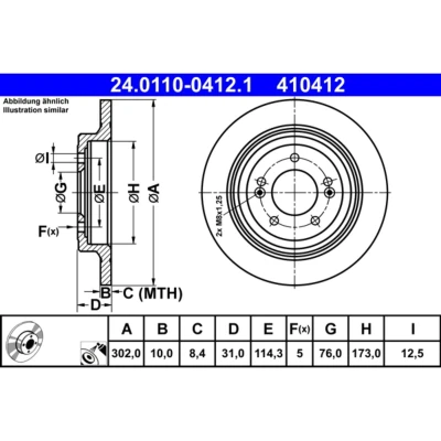 Abbildung von ATE 24.0110 0412.1 Bremsscheibe 302,0 10,0 5 114,3 voll beschichtet hochgekohlt HYUNDAI: Tucson, ix35, Tucson Box Body / SUV, KIA: Sportage IV