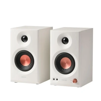 Abbildung von Edifier MR3 Kompakter Studio Lautsprecher 2.0, Hi Res Audio, Bluetooth V5.4, physikalische Steuerungen, RCA, AUX, mobile App, 2 x 18 W, Weiß