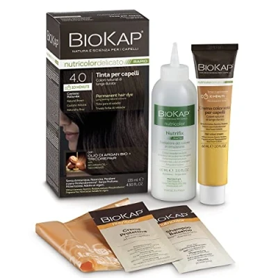Abbildung von Biokap Nutricolor Delicato Rapid, Haarfarbe 4.00, Naturbraun, ohne Ammoniak, macht das Haar weich, mit 10 Minuten Einwirkung, 135 ml
