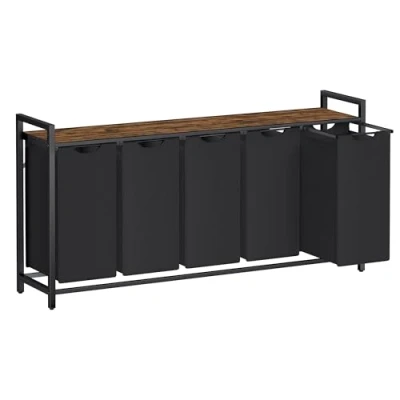 Abbildung von VASAGLE Wäschekorb 5 Fächer, Wäschesammler mit Ablage, Wäschebox, Wäschesack aus Oxford Gewebe abnehmbar, Metallrahmen, x 40 L, 143,5 33 72 cm, tintenschwarz vintagebraun BLH501B01