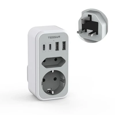 Abbildung von TESSAN Adapter England Deutschland Stecker, 6 in 1 Reiseadapter Steckdosenadapter Stromadapter für UK mit 2 USB C und A, Reisestecker Typ G Großbritannien London Schottland Malta Dubai