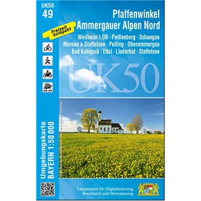 Abbildung von UK50 49 Pfaffenwinkel, Ammergauer Alpen Nord (Umgebungskarte 1:50000): Weilheim i.OB, Peißenberg, Schongau, Murnau a. Staffelsee, Peiting, ... Karte Freizeitkarte Wanderkarte)
