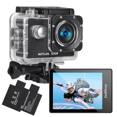 Abbildung von Jadfezy Action Cam FHD 1080P/12MP, Unterwasserkamera wasserdicht bis 30M, 140 Grad Weitwinkel Kamera mit Zwei 900 mAh wiederaufladbare Akkus und Zubehör Set