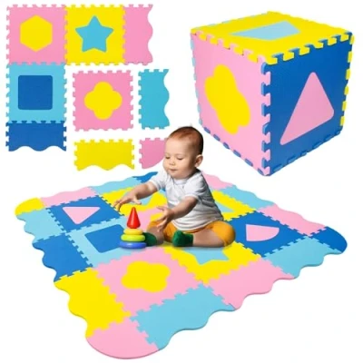 Abbildung von Humbi Puzzlematte Eva Schaumstoff für Babys und Kinder Spielmatte Fitnessmatte Schutzmatte Poolmatte 31,5 x 1 cm 34 Teile Formen Farbe gelb blau dunkelblau rosa
