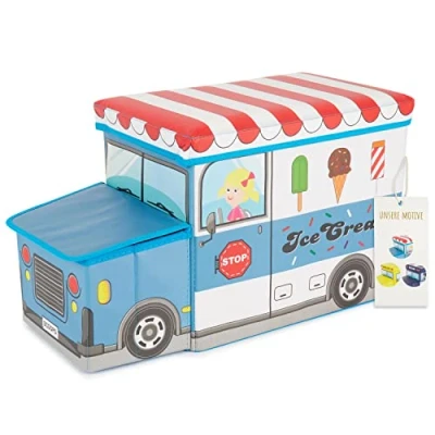 Abbildung von Bieco Spielzeugtruhe Aufbewahrungsbox mit Deckel Kinder Icecream, faltbar, Sitzhocker Sitzgelegenheit, und Polsterung, Spielzeugkiste Stauraum, Sitztruhe, Jungen &amp; Mädchen, 46 L, Belastbar bis 80 Kg, gelb