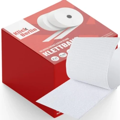 Abbildung von Klick Berlin Klettband Selbstklebend Extra Stark 5 cm x 8 m Klett klebt auf vielen Flächen Klettverschluss 50 mm breit, Meter lang Weiß