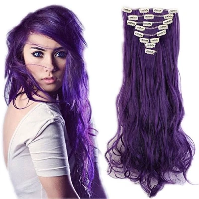 Abbildung von SEGO Clip in Extensions Haarverlängerung Haarteil 8 Tressen wie Echthaar gewellt Lila blau 24&quot;(61cm)