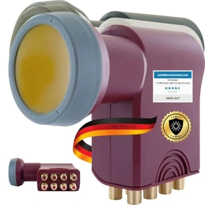 Abbildung von SCHWAIGER 7419 Octo LNB 8 Teilnehmer Low Noise Blockconverter LNC Sun Protect digital hitzebeständig Kappe Satellitenschüssel Zubehör für Multischalter Wetterschutz vergoldete Kontakte Ziegelrot