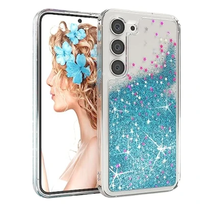 Abbildung von EAZY CASE Hülle kompatibel mit Samsung Galaxy S23 Schutzhülle Flüssig Glitzer, Handyhülle, Schutzhülle, Back Cover Glitter Flüssigkeit, TPU/Silikon, Transparent/Durchsichtig, Blau