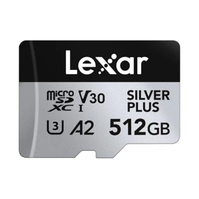 Abbildung von Lexar Silver Plus Micro SD Karte 512GB, Bis zu 205 MB/s Lesegeschwindigkeit, 150MB/s Schreibgeschwindigkeit, Speicherkarte mit Adapter, UHS I, A2, U3, V30, Klasse 10, 4K UHD microSDXC