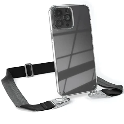 Abbildung von EAZY CASE Hülle mit Band kompatibel iPhone 13 Pro Max Handyhülle Umhängeband für Silikonhülle Transparent Schutzhülle Handykette zum Umhängen Handykordel Smartphone Schwarz