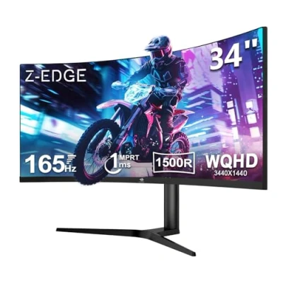 Abbildung von Z Edge 34 Zoll Curved Gaming Monitor 21:9 Ultrawide, 165Hz(DP) 100Hz(HDMI) 1ms MPRT, WQHD 3440x1440 R1500 Bildschirm, Höhenverstellbar, FreeSync, HDMI, DisplayPort, RGB Licht Schwarz