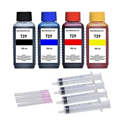 Abbildung von Tintenpatronen Nachfüllset 4 x 100 ml Nachfülltinte kompatibel mit Epson T2981, T2982, T2983, T2984 / T2991, T2992, T2993, T2994 T29 XL Black Cyan Magenta Yellow