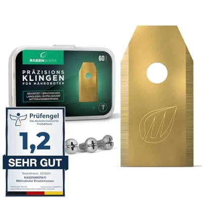 Abbildung von RASENWERK® Hochwertige Ersatzmesser für Mähroboter Kompatibel mit Husqvarna, Gardena, Yard Force innovativen Schrauben Universal Ersatzklingen Rasenroboter Messer Messerset 60 Stk.