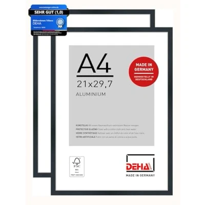 Abbildung von DEHA Design Bilderrahmen, 21 x 29,7 cm (A4) (2er Set), Aluminium, Schwarz matt, Dokumentenrahmen zum Aufhängen im Hoch &amp; Querformat, bruchsicheres Kunstglas, Tribeca
