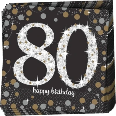 Abbildung von Amscan 511965 Servietten 80. Geburtstag, 16 Stück, 33 x cm, Happy Birthday, Sparkling Celebration