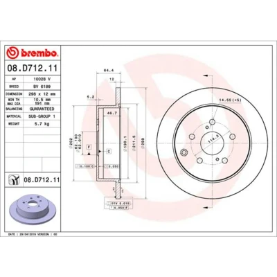 Abbildung von BREMBO 08.D712.11 Bremsscheibe 298 12 5 voll beschichtet TOYOTA: Alphard / Vellfire II