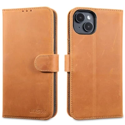 Abbildung von LENSUN Echtleder Hülle für iPhone 15 Plus, Handyhülle [Premium Echtes Leder][Magnetverschluss][RFID Schutz] Handytasche Lederhülle Plus 5G Vintage Braun