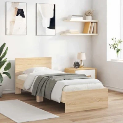 Abbildung von vidaXL Bettgestell, Bettrahmen mit Lattenrost, Bett Gästebett Kopfteil, Einzelbett Schlafzimmerbett Schlafzimmermöbel, Sonoma Eiche 90x190cm Holzwerkstoff