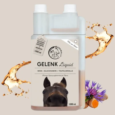 Abbildung von Annimally Gelenk Liquid Für Pferde 1000ml mit Teufelskralle, Glucosamin und MSM (Schwefel) flüssig die Stärkung der Gelenke beim Pferd Alternative zu Pulver