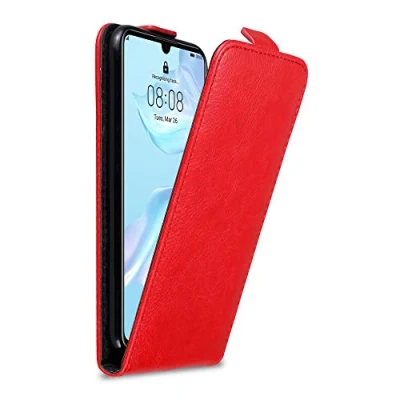 Abbildung von Cadorabo Hülle kompatibel mit Huawei P30 Flip Design aus Premium Kunst Leder Klappbare Stoßfeste Magnetische Cover für Tasche in Rot