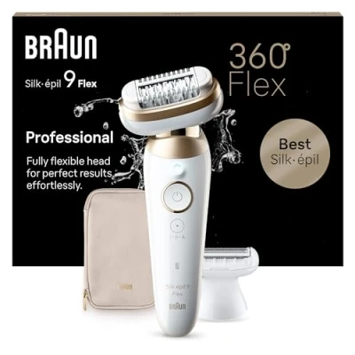 Abbildung von Braun Silk épil 9 Flex, Epilierer mit flexiblem 360 Kopf für eine einfache Haarentfernung, Wet&amp;Dry, langanhaltend seidig glatte Haut, Rasieraufsatz und Trimmeraufsatz, 041 3D, Weiß/Gold