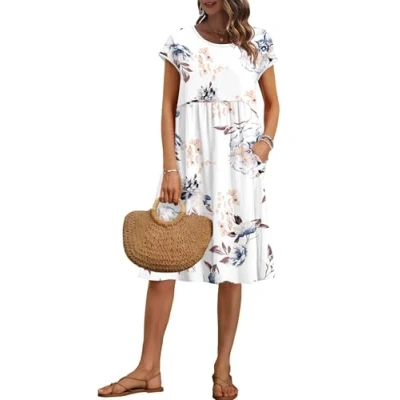 Abbildung von AUSELILY Damen Kurzarm Knielange Sommerkleider Sommer Lockeres Freizeitkleider Empire Kleider mit Taschen Blumenweiß XL