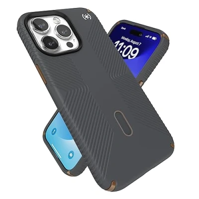 Abbildung von Speck iPhone 15 Pro Max Hülle ClickLock Anti Rutsch Interlock, MagSafe kompatibel, Fallschutz Griff Soft Touch 6,7 Zoll Handyhülle Presidio2 Grip Kohlegrau/Kaltbronze/Weiß